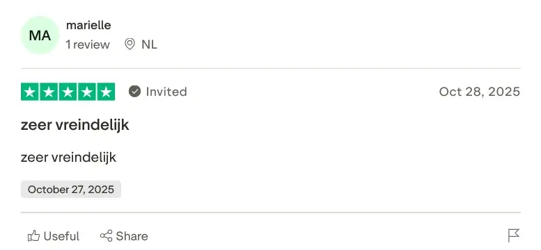 Trustpilot review van gebruiker Marielle uit Nederland: beoordeling 5 sterren, tekst ‘Zeer vriendelijk.’