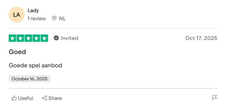 Trustpilot review van gebruiker Lady uit Nederland: beoordeling 5 sterren, tekst ‘Goed. Goede spel aanbod.’
